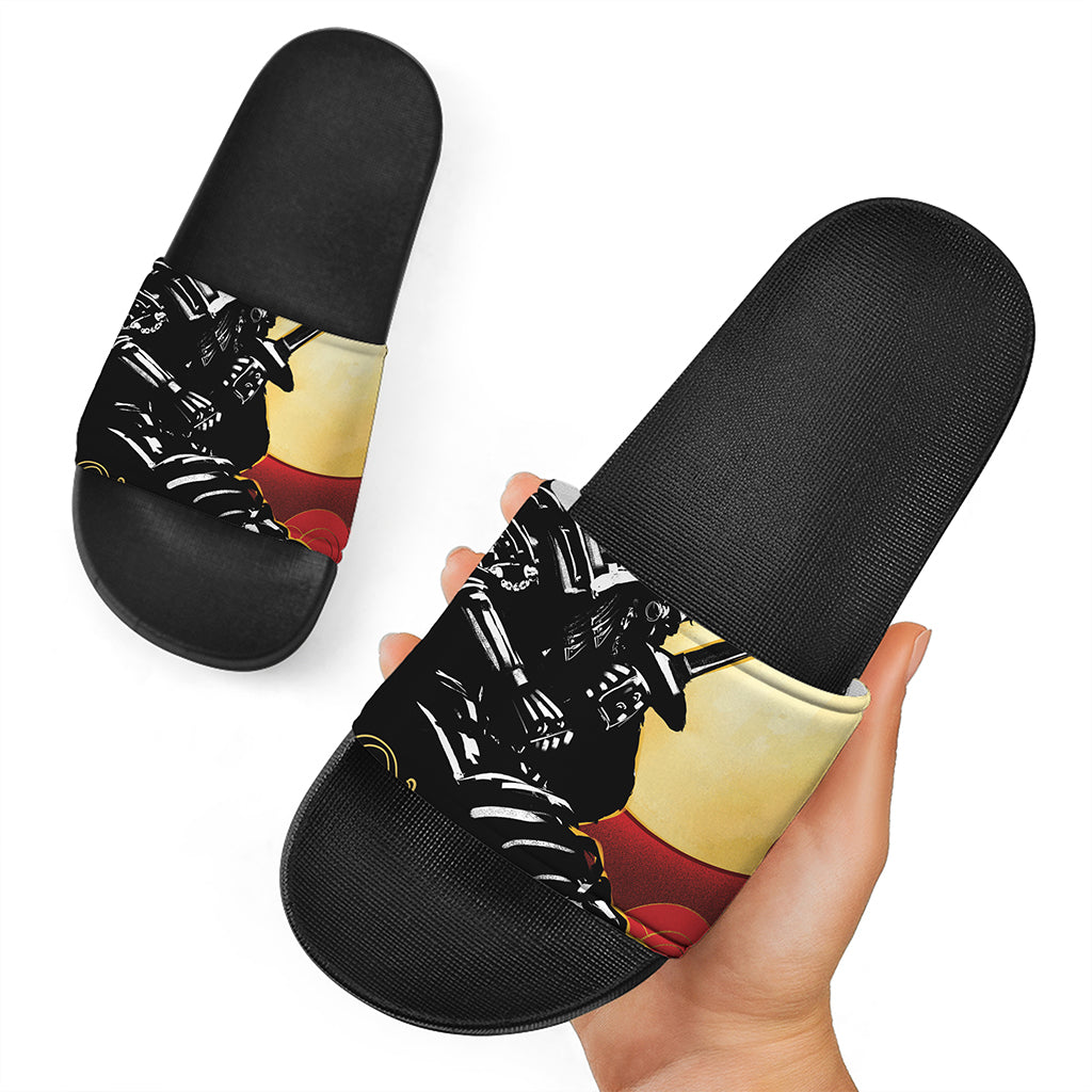 Red Sky And Golden Sun Samurai Print Black Slide Sandals
