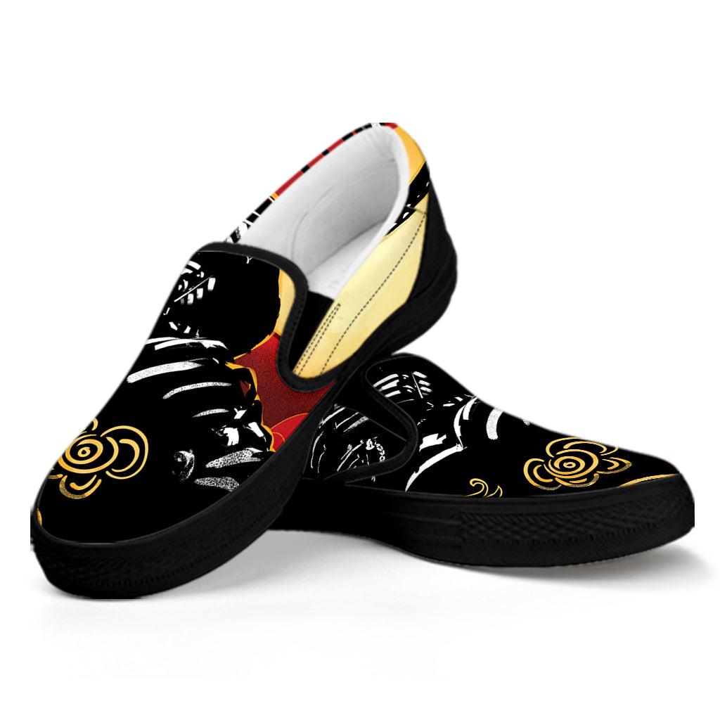 Red Sky And Golden Sun Samurai Print Black Slip On Shoes