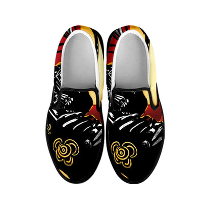 Red Sky And Golden Sun Samurai Print Black Slip On Shoes