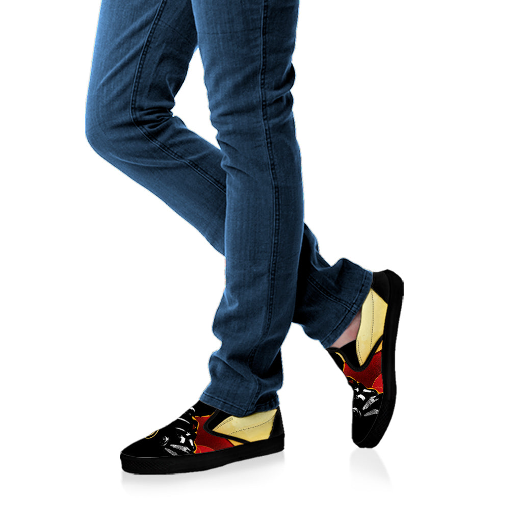 Red Sky And Golden Sun Samurai Print Black Slip On Shoes
