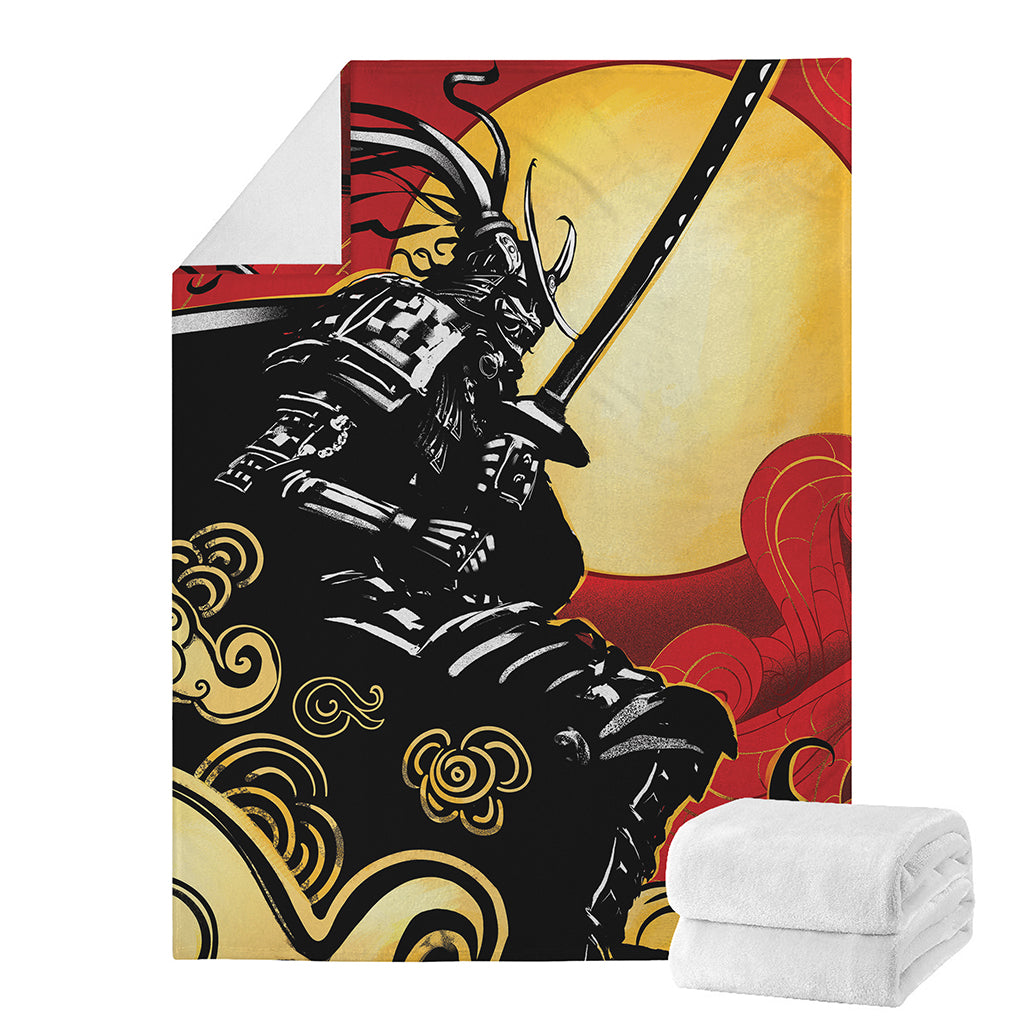 Red Sky And Golden Sun Samurai Print Blanket