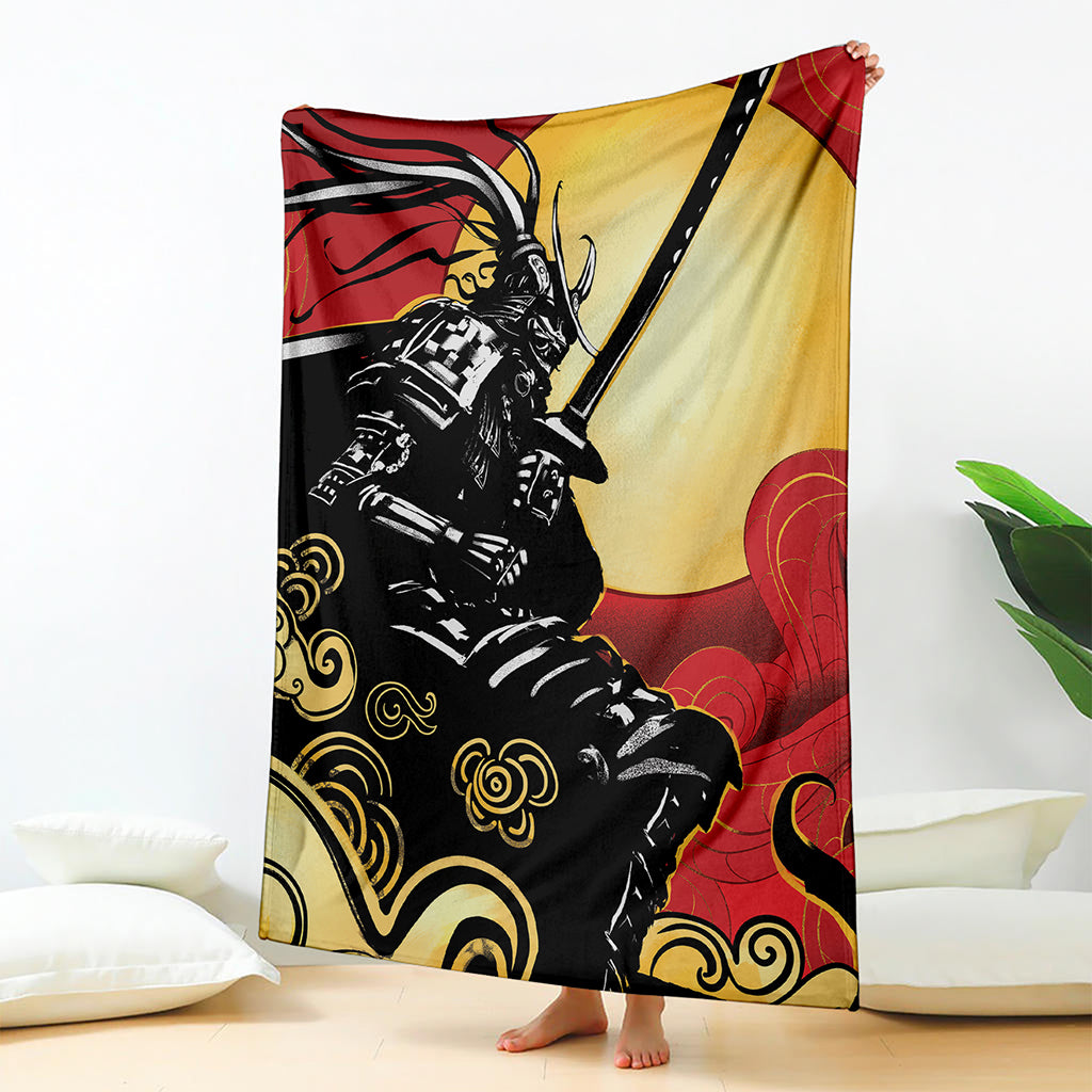 Red Sky And Golden Sun Samurai Print Blanket