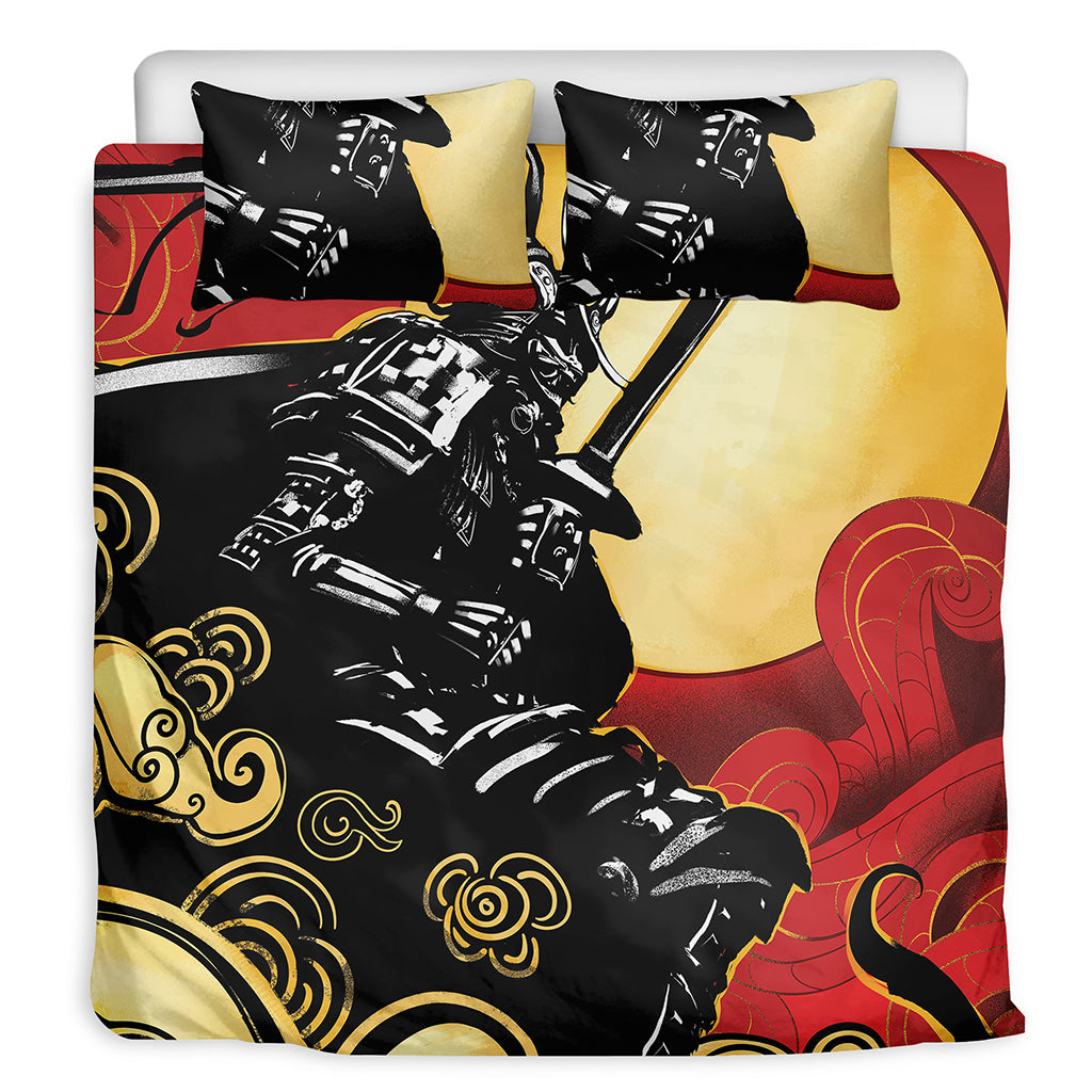 Red Sky And Golden Sun Samurai Print Duvet Cover Bedding Set