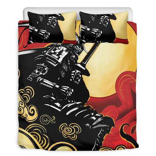 Red Sky And Golden Sun Samurai Print Duvet Cover Bedding Set