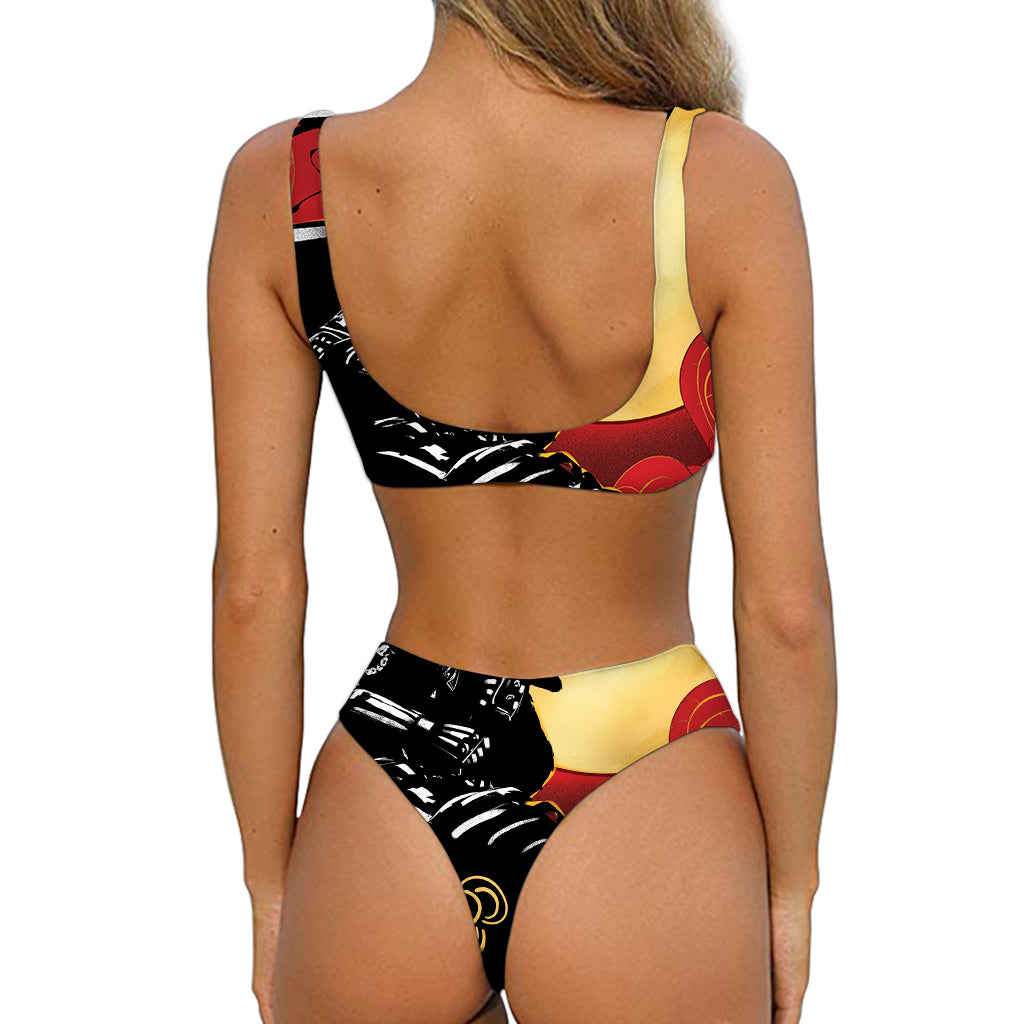 Red Sky And Golden Sun Samurai Print Front Bow Tie Bikini