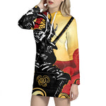 Red Sky And Golden Sun Samurai Print Hoodie Dress