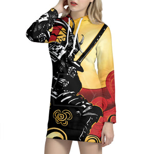 Red Sky And Golden Sun Samurai Print Hoodie Dress