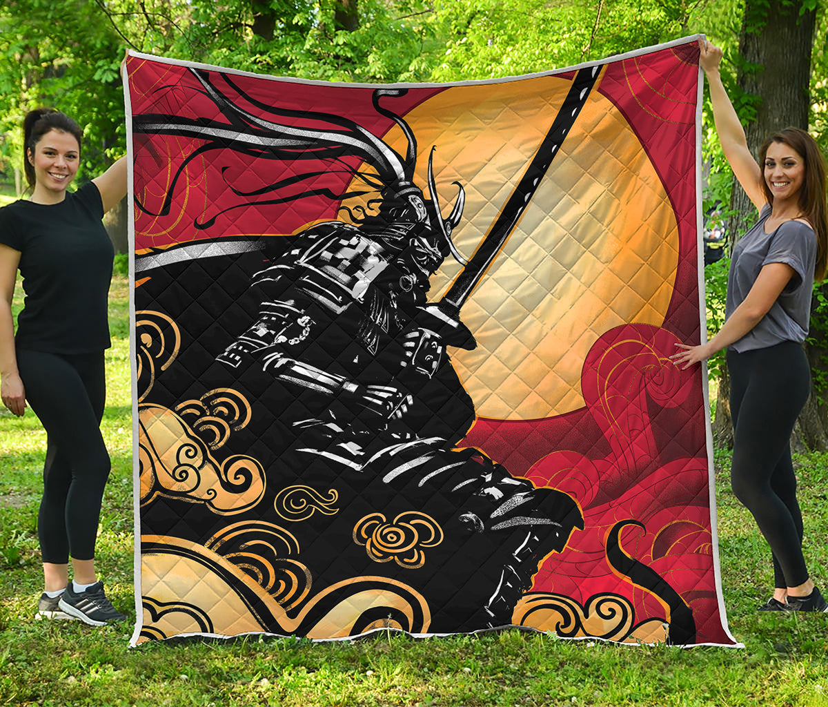 Red Sky And Golden Sun Samurai Print Quilt
