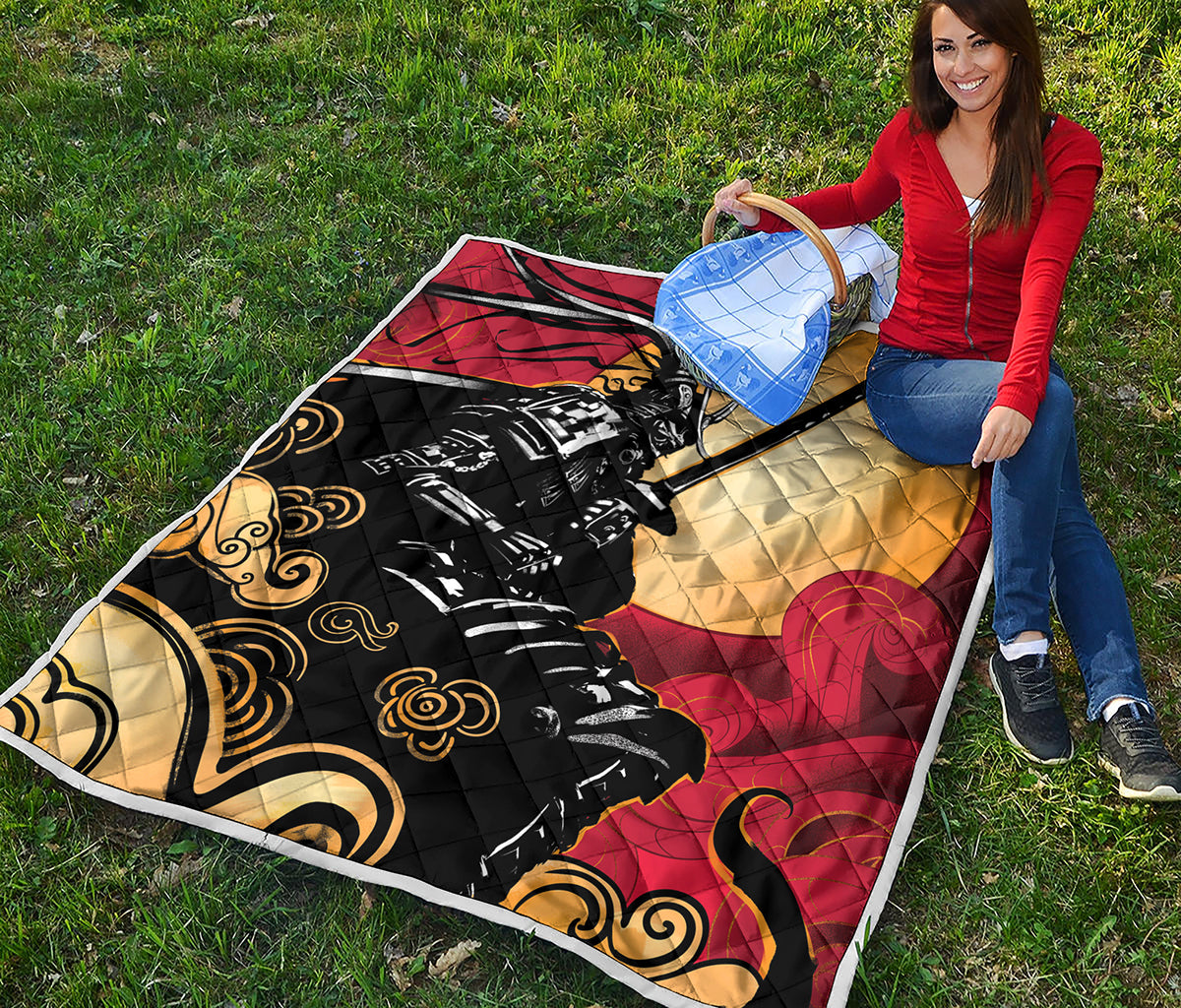 Red Sky And Golden Sun Samurai Print Quilt
