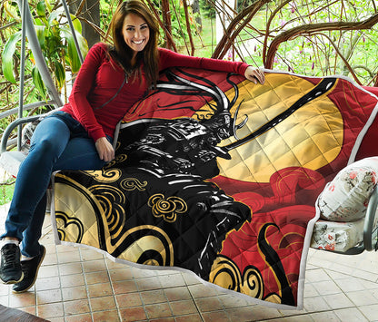 Red Sky And Golden Sun Samurai Print Quilt