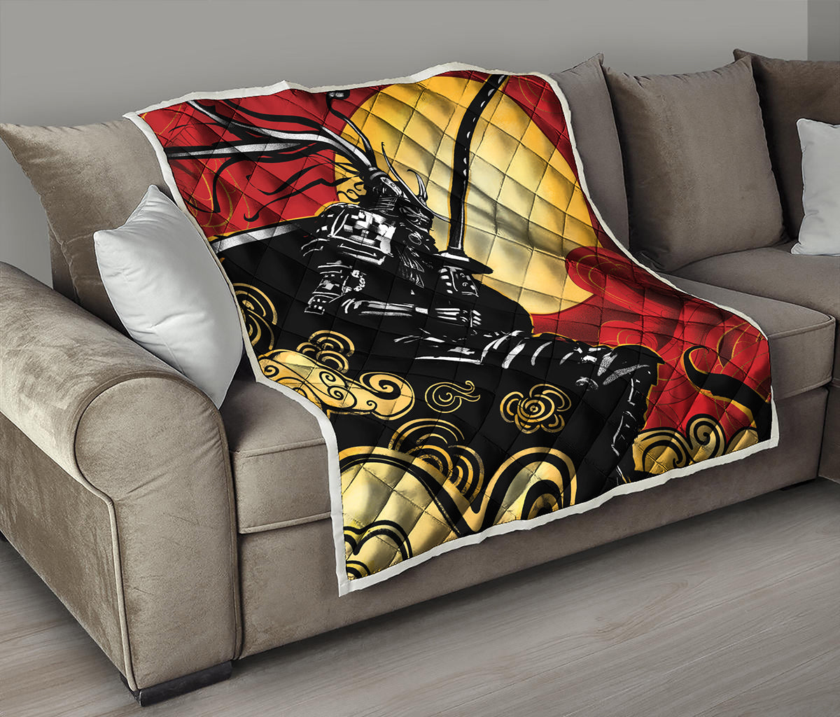 Red Sky And Golden Sun Samurai Print Quilt