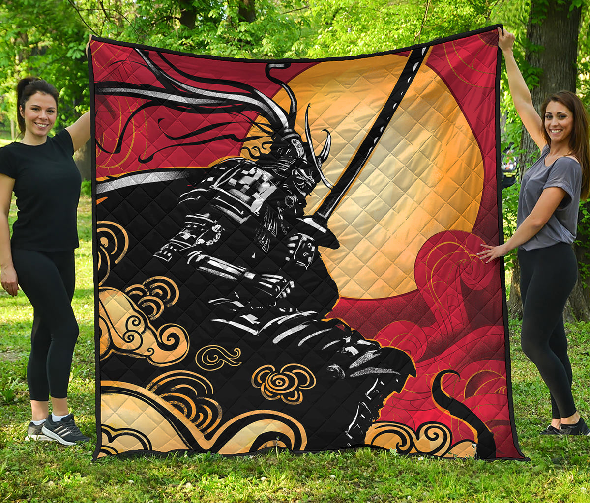 Red Sky And Golden Sun Samurai Print Quilt