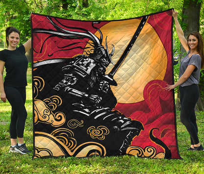 Red Sky And Golden Sun Samurai Print Quilt