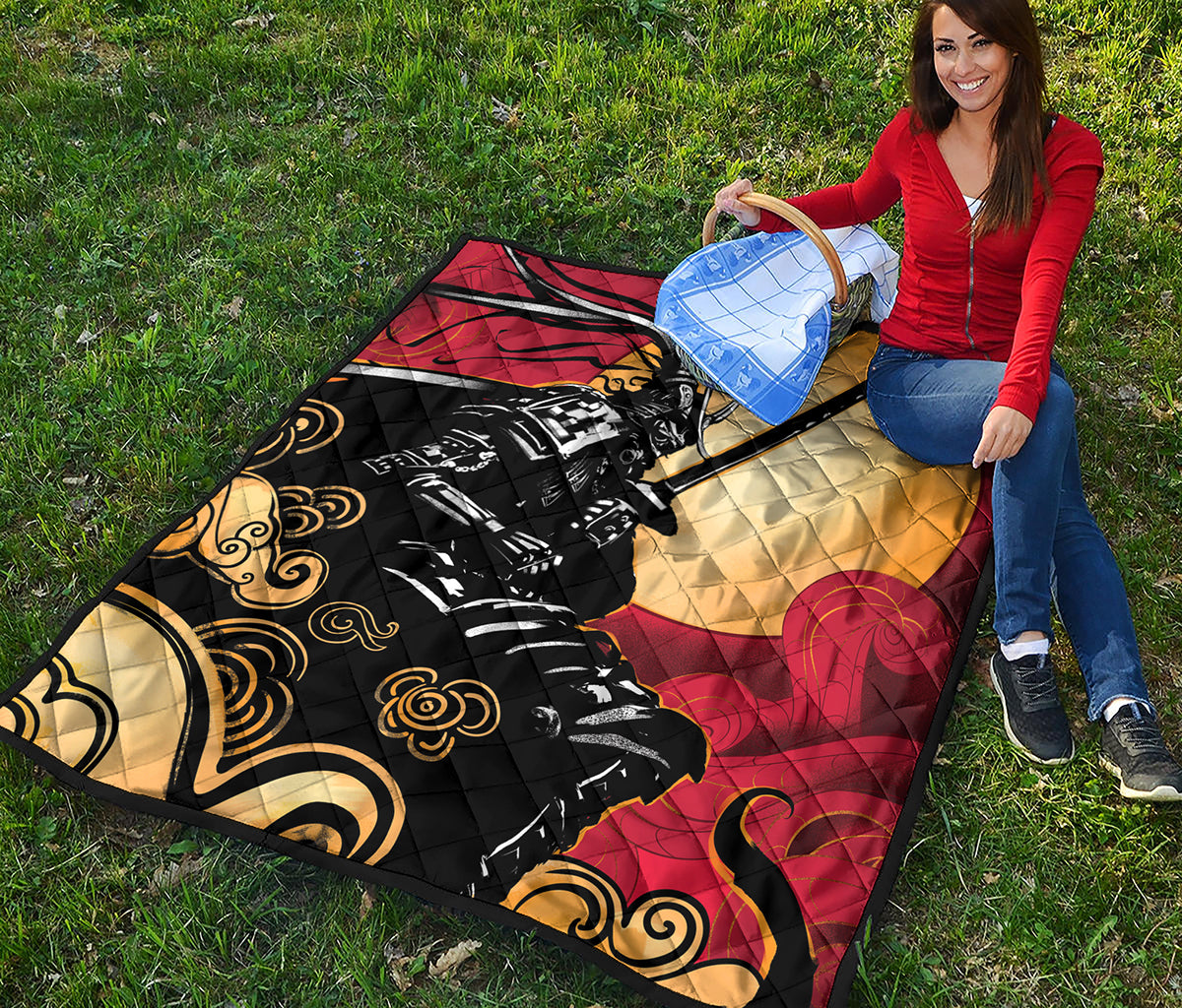 Red Sky And Golden Sun Samurai Print Quilt