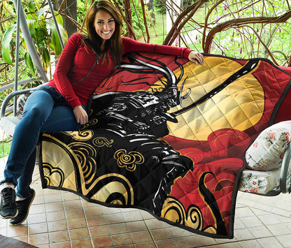 Red Sky And Golden Sun Samurai Print Quilt
