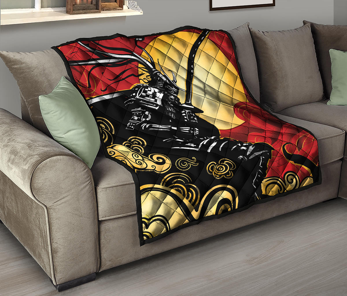 Red Sky And Golden Sun Samurai Print Quilt