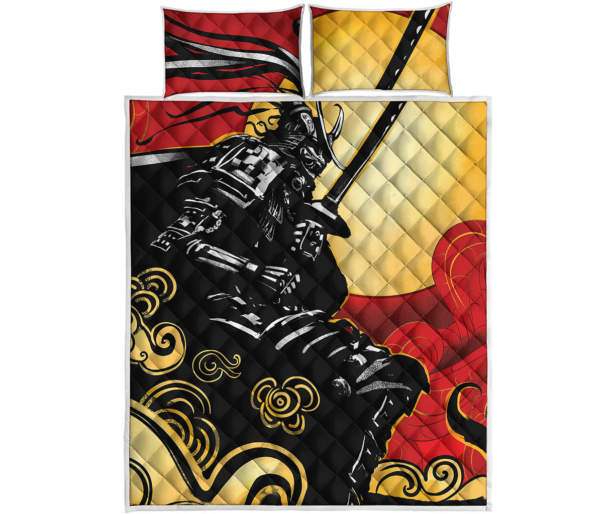 Red Sky And Golden Sun Samurai Print Quilt Bed Set
