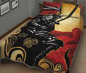 Red Sky And Golden Sun Samurai Print Quilt Bed Set