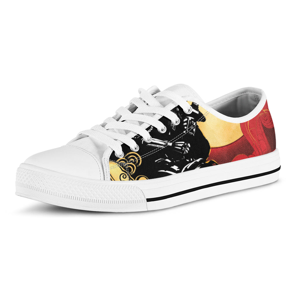 Red Sky And Golden Sun Samurai Print White Low Top Shoes