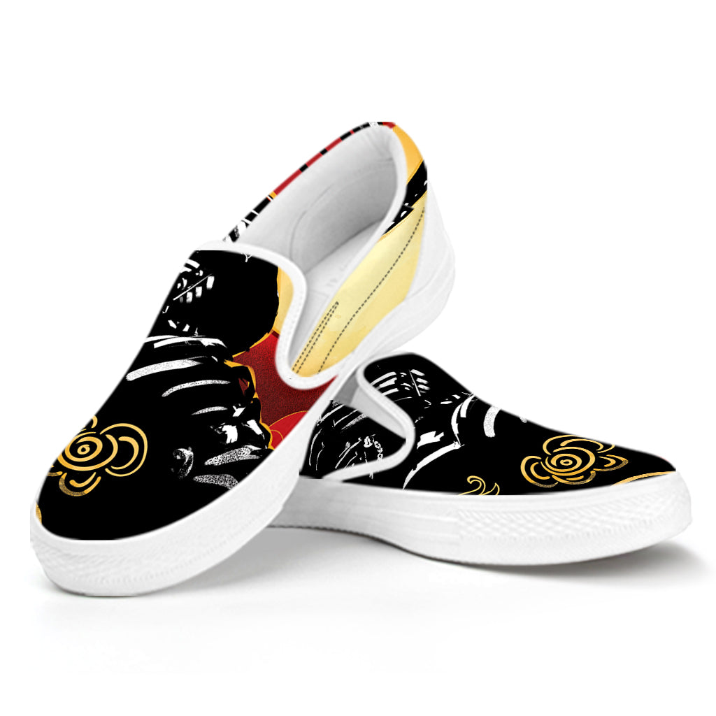 Red Sky And Golden Sun Samurai Print White Slip On Shoes