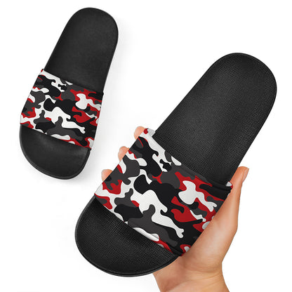 Red Snow Camouflage Print Black Slide Sandals