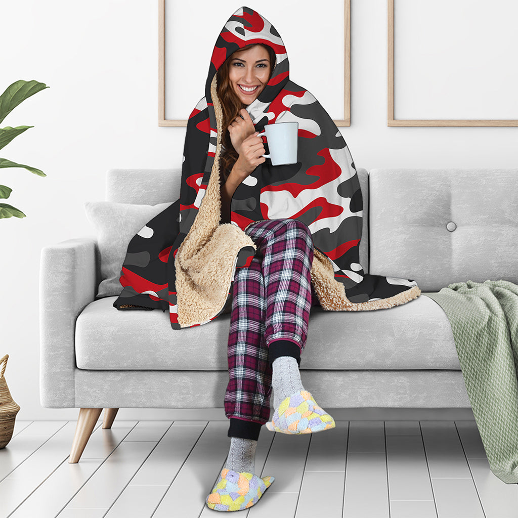 Red Snow Camouflage Print Hooded Blanket