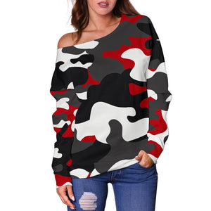 Red Snow Camouflage Print Off Shoulder Sweatshirt GearFrost