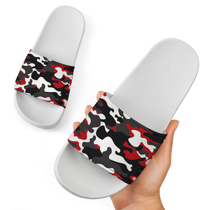 Red Snow Camouflage Print White Slide Sandals