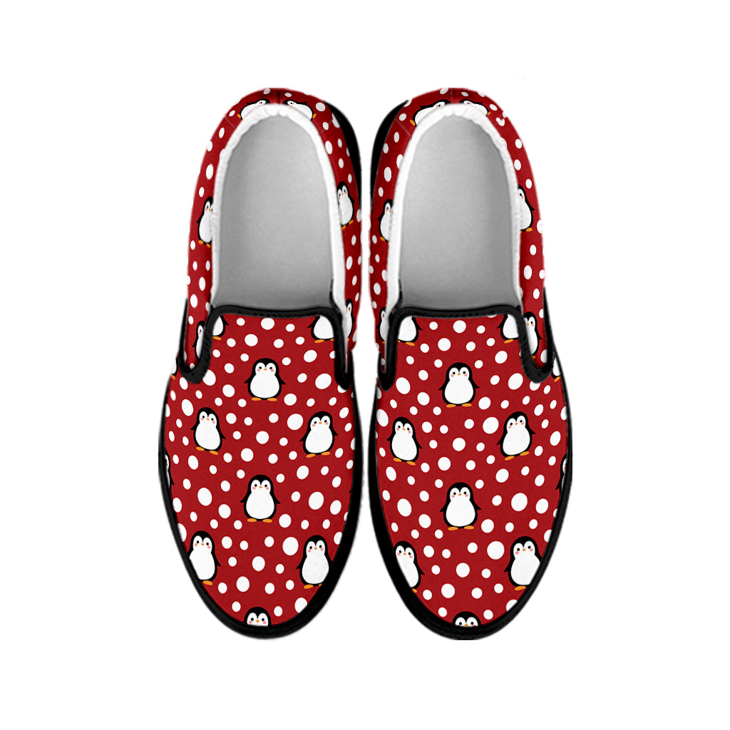 Red Snow Penguin Pattern Print Black Slip On Shoes