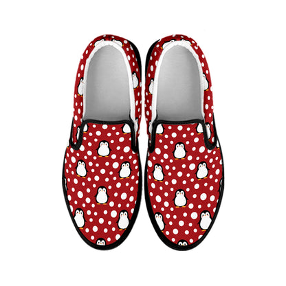 Red Snow Penguin Pattern Print Black Slip On Shoes