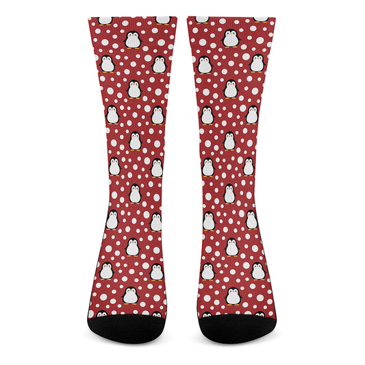 Red Snow Penguin Pattern Print Crew Socks
