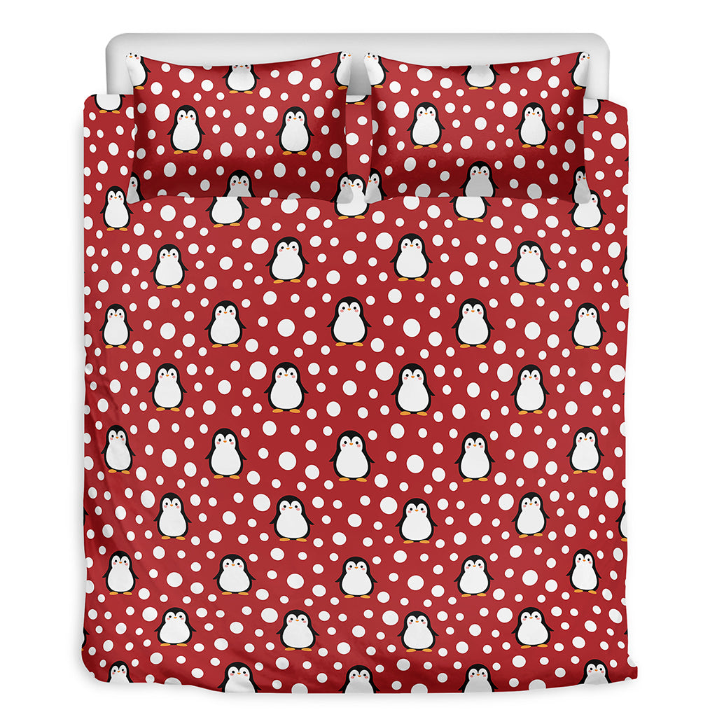 Red Snow Penguin Pattern Print Duvet Cover Bedding Set