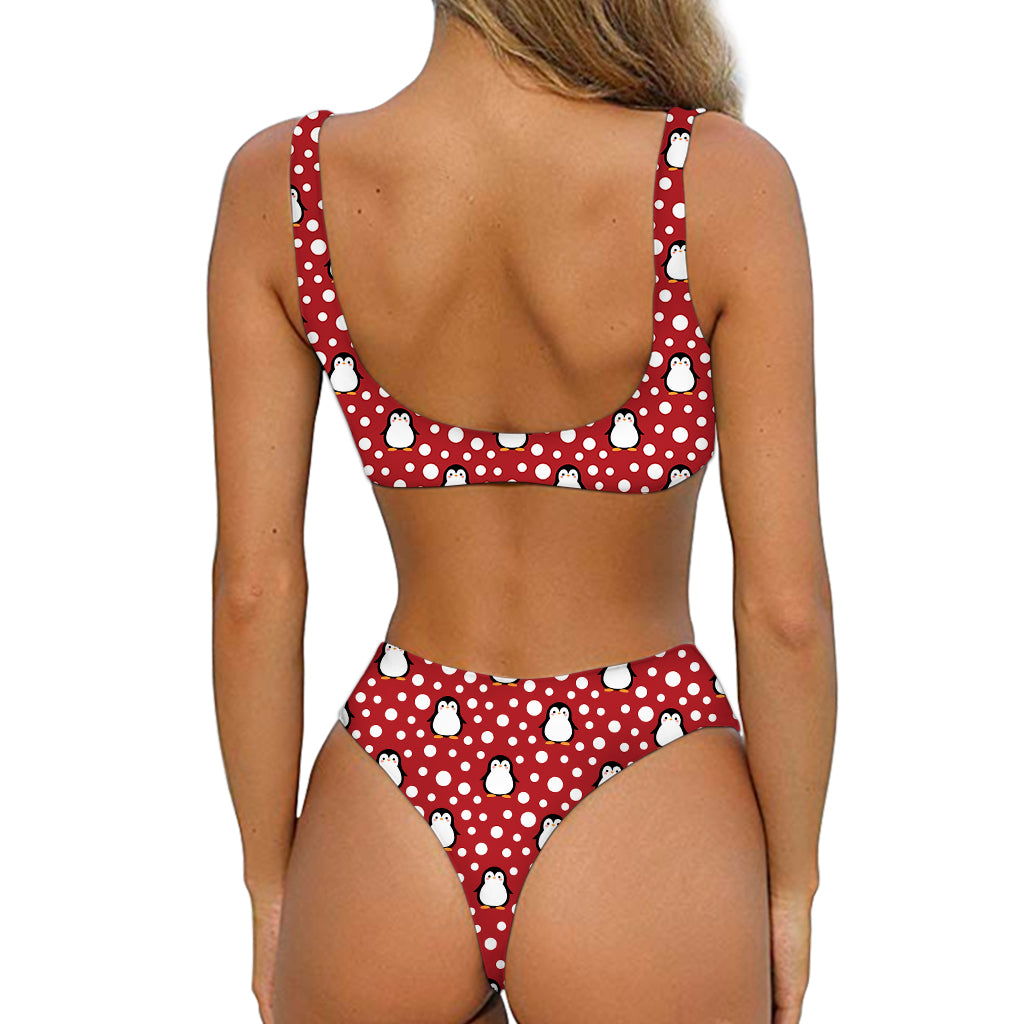 Red Snow Penguin Pattern Print Front Bow Tie Bikini