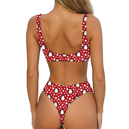 Red Snow Penguin Pattern Print Front Bow Tie Bikini