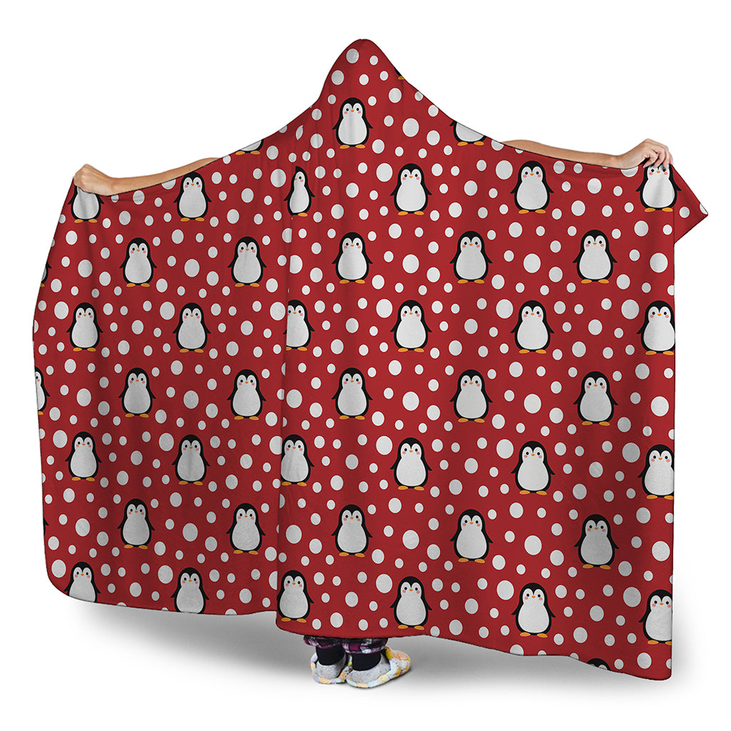 Red Snow Penguin Pattern Print Hooded Blanket