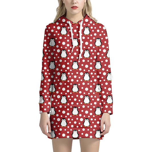 Red Snow Penguin Pattern Print Hoodie Dress