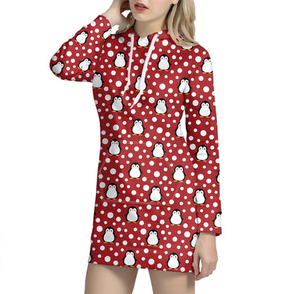 Red Snow Penguin Pattern Print Hoodie Dress
