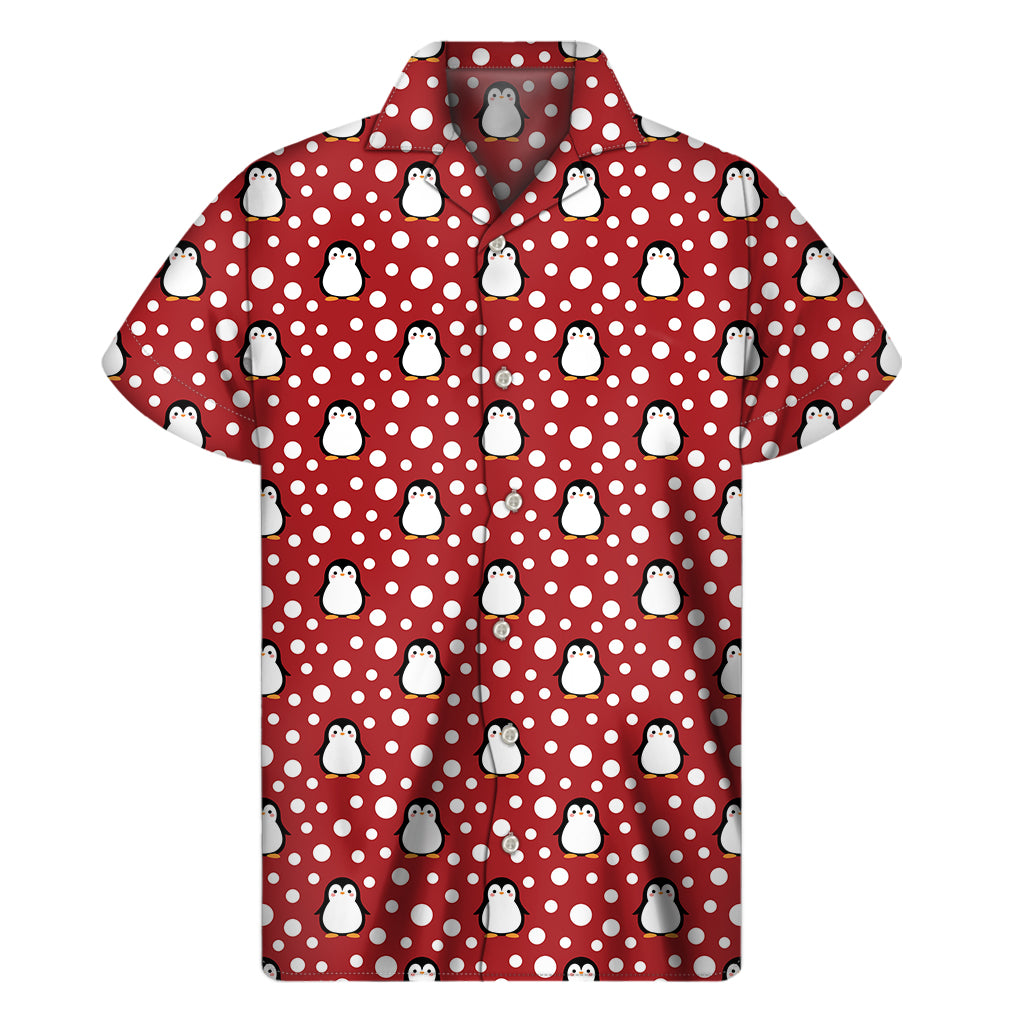 Red Snow Penguin Pattern Print Men's Short Sleeve Shirt