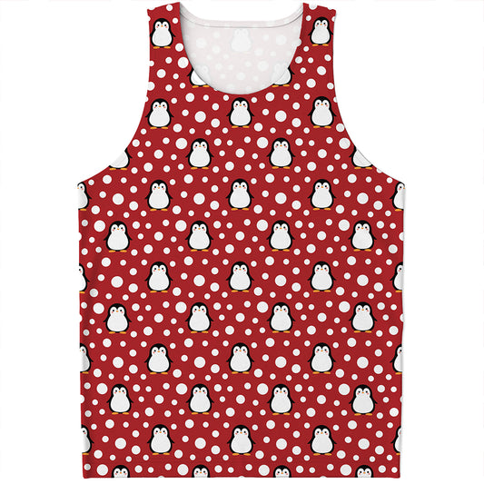 Red Snow Penguin Pattern Print Men's Tank Top