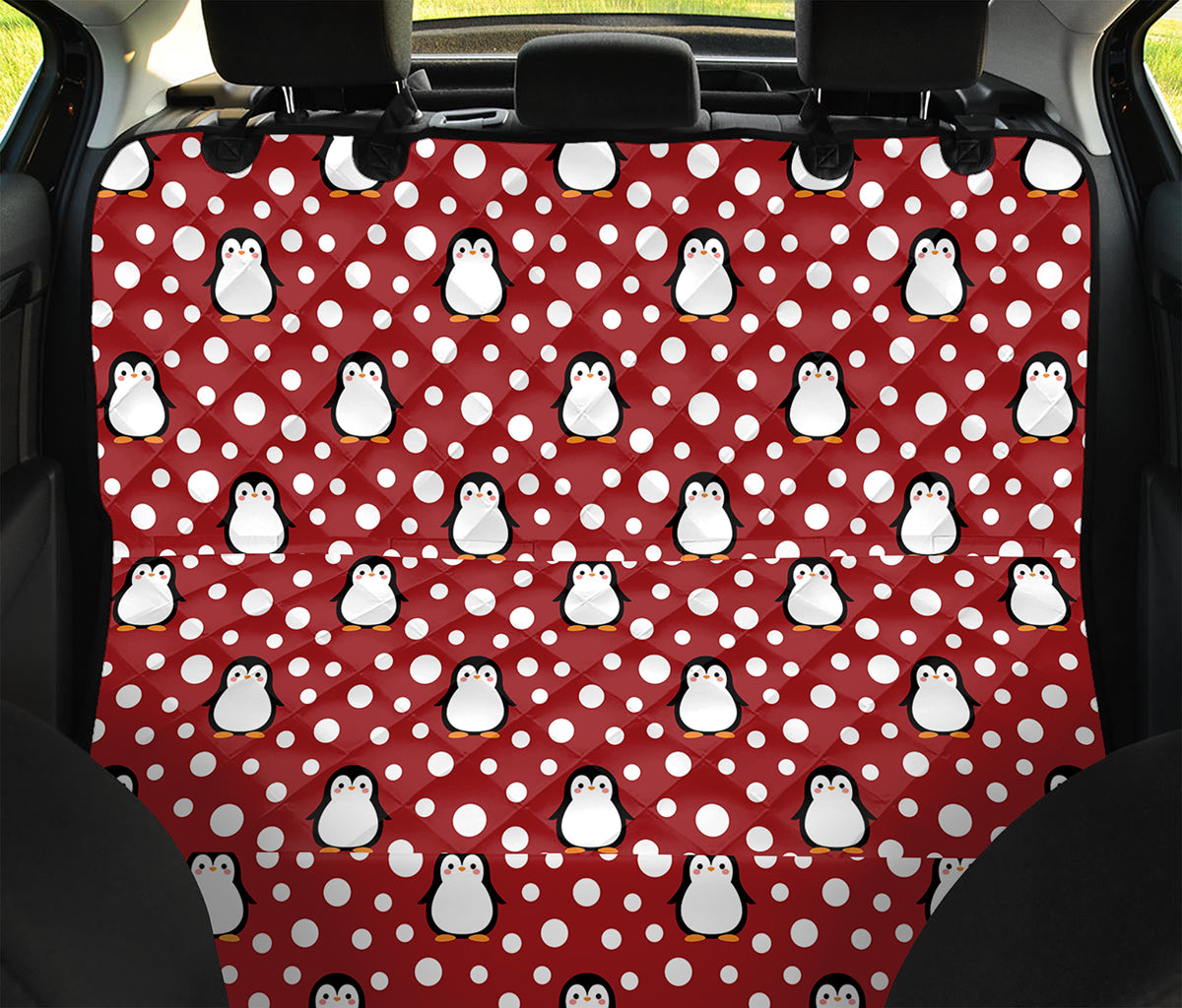 Red Snow Penguin Pattern Print Pet Car Back Seat Cover