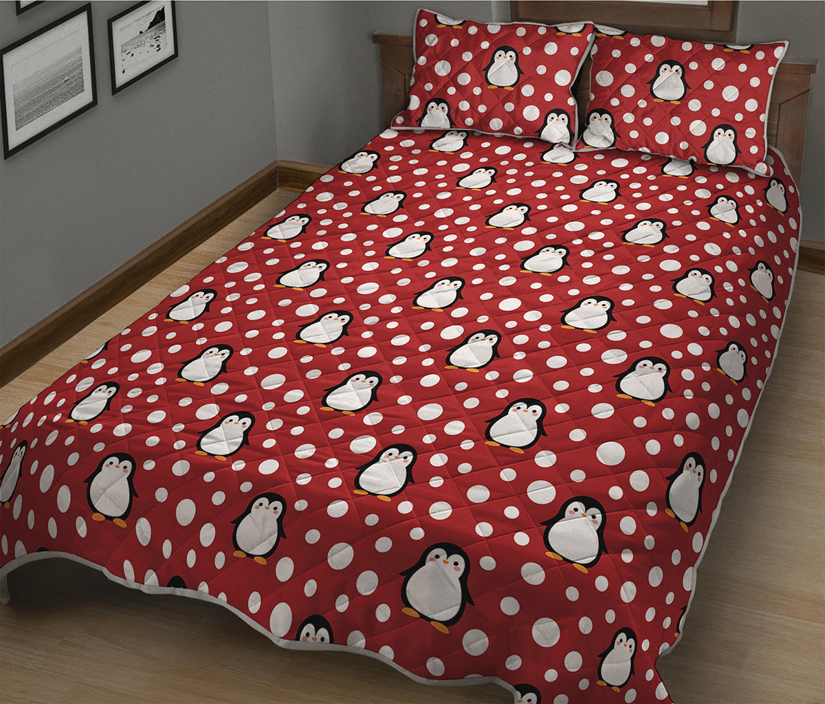 Red Snow Penguin Pattern Print Quilt Bed Set