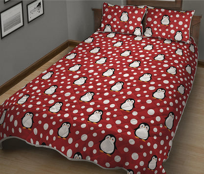 Red Snow Penguin Pattern Print Quilt Bed Set
