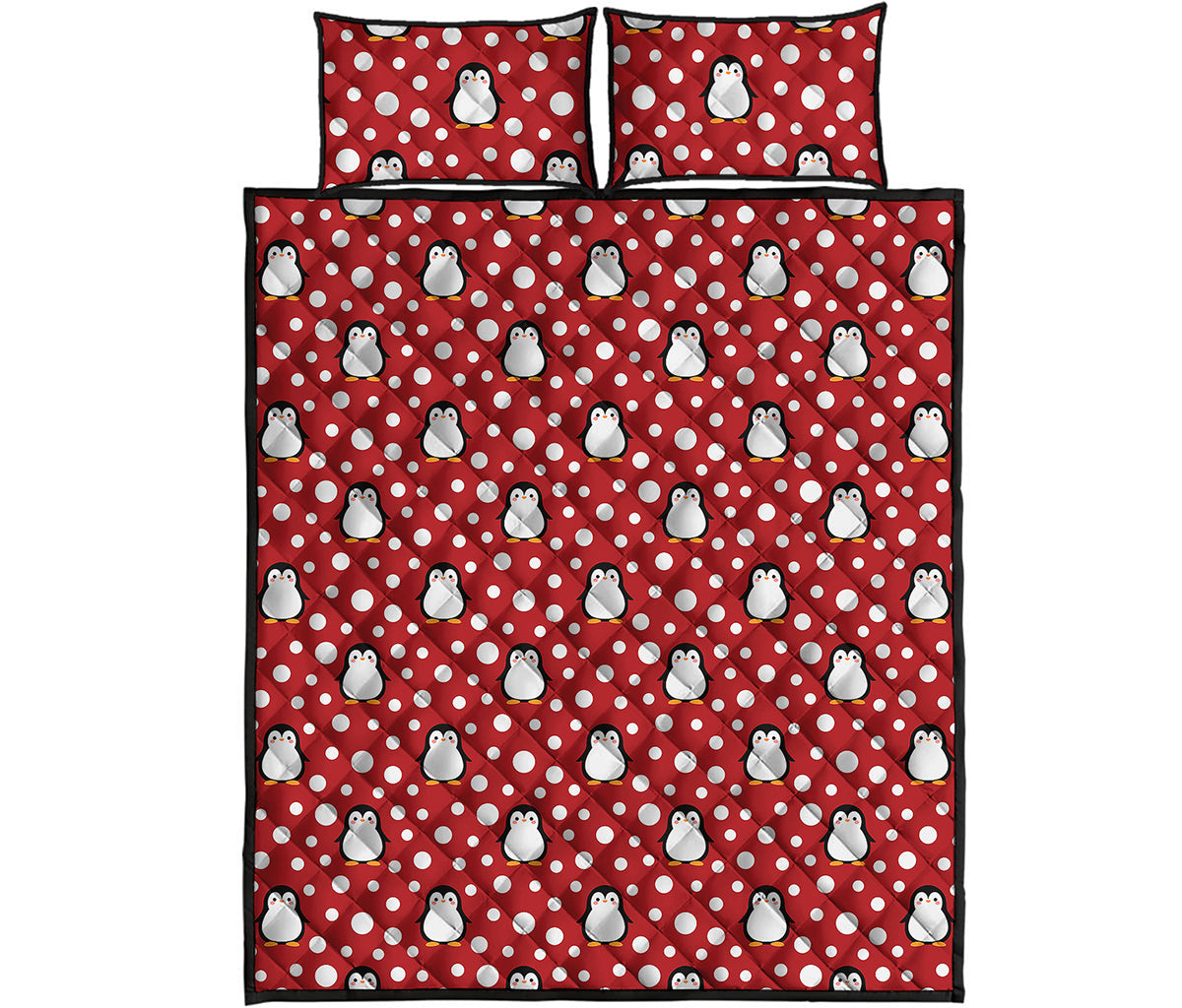 Red Snow Penguin Pattern Print Quilt Bed Set