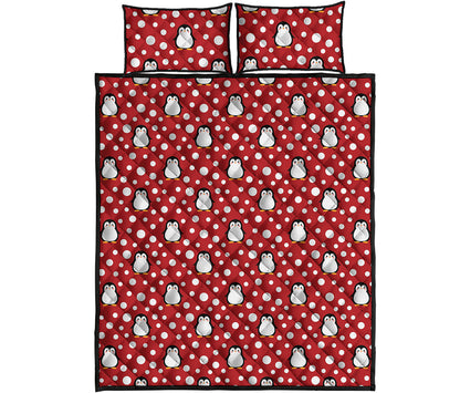 Red Snow Penguin Pattern Print Quilt Bed Set