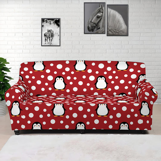 Red Snow Penguin Pattern Print Sofa Cover