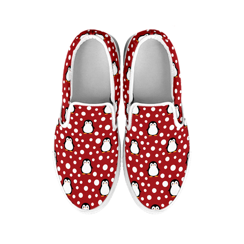 Red Snow Penguin Pattern Print White Slip On Shoes
