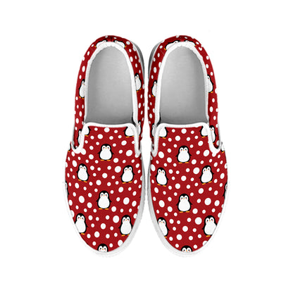 Red Snow Penguin Pattern Print White Slip On Shoes