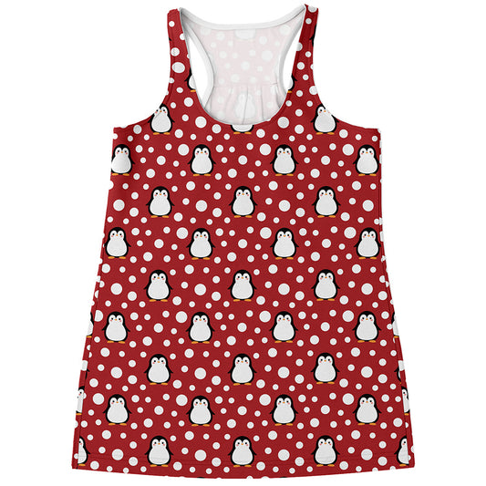 Red Snow Penguin Pattern Print Women's Racerback Tank Top