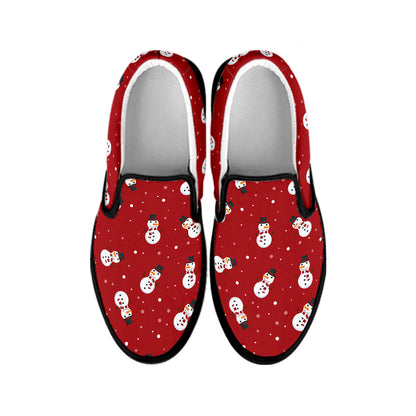 Red Snowman Pattern Print Black Slip On Shoes
