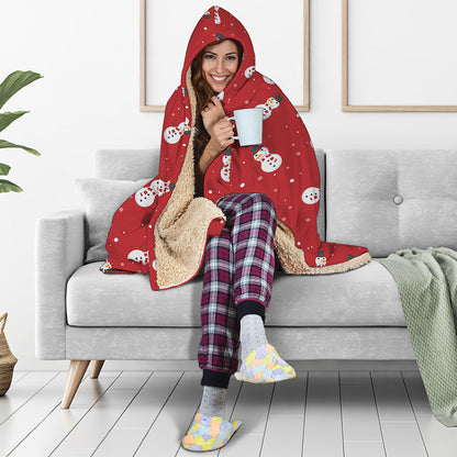 Red Snowman Pattern Print Hooded Blanket